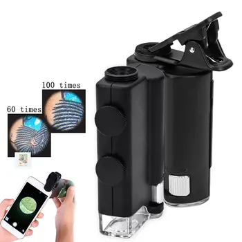 60X/100X Mobilni Telefon z Mikroskopom Mobilni Telefon Clip Povečevalno Steklo LED Luči Jade Identifikacijo Žep Nakit Lupo