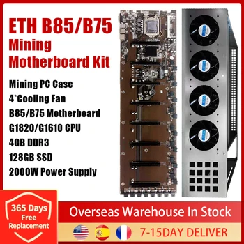 ETH B75 B85 Rudarstvo matične plošče, Komplet S 4 GB DDR3 128G SSD 2000W Napajanje 4 Ventilatorji CPU G1610 G1820 Rudarstvo Ploščad Primeru Za BTC ETH