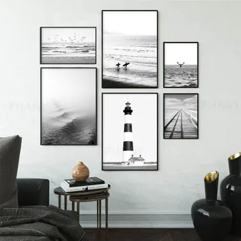 Plaža Print Surf Umetnosti Boho Dekor Retro Črno in Belo Kaliforniji Ocean Plakatov in Fotografij Moderna Dnevna Soba Dekorativne Slike