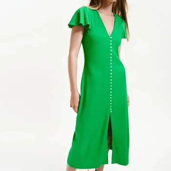 XitimeaoZa Nove Ženske Poleti Zelena Pletenje Obleko Lotus Listov Kratek Rokav Proti Vratu Slim Dolgo Dolžina Obleko Ženski Praznik Dolgo Dess