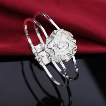 Čar 925 Sterling Silver Zapestnice za Ženske v redu rose cvet bangle Moda svate Darila Božič Dekle Nakit